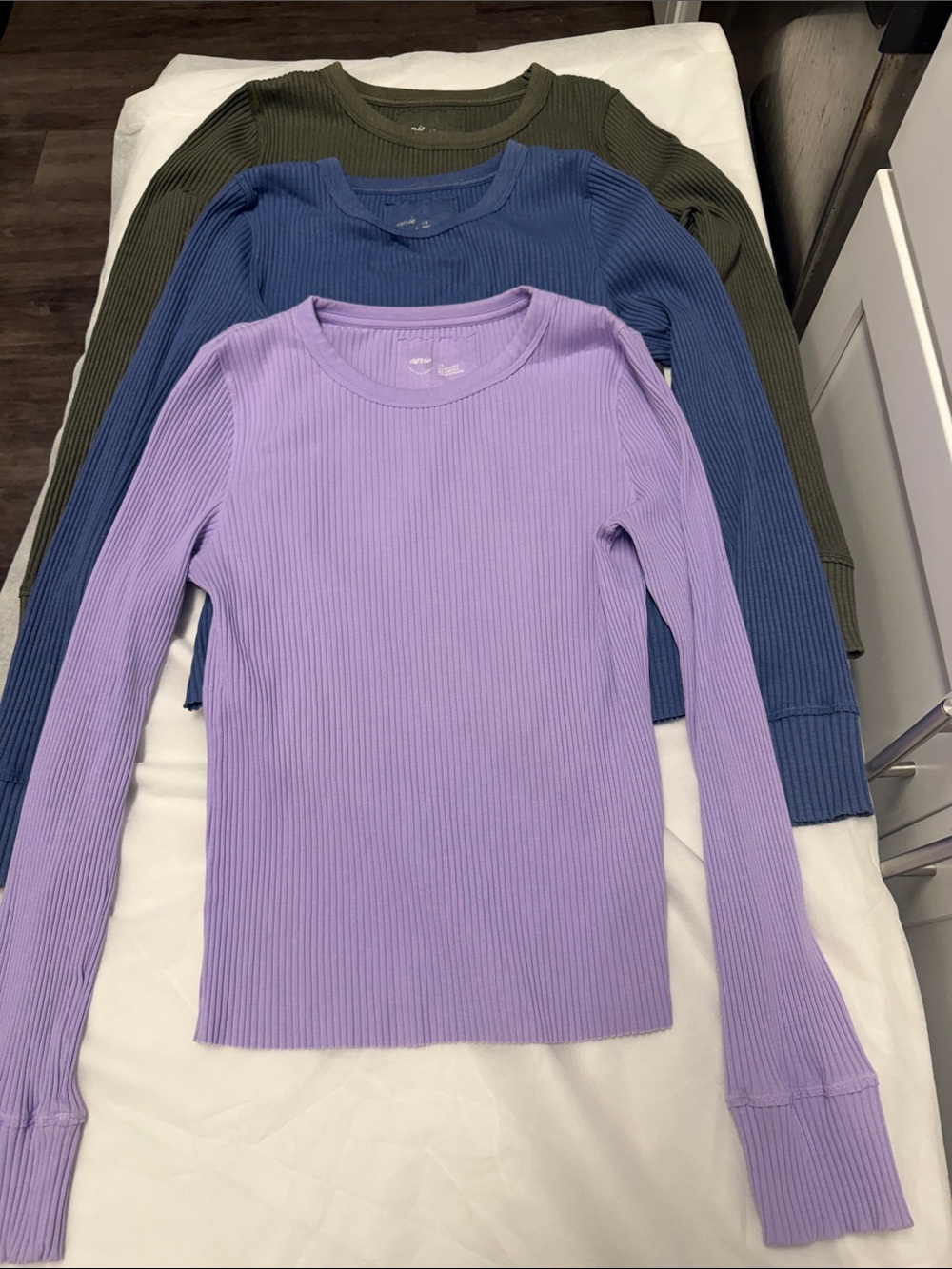 Bundle of 3 aerie Long Sleeve Ribbed Tops - Lavender, Blue, Olive